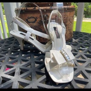 NINA Winter White Leather Strappy Pumps with Crystal & Bow Detail